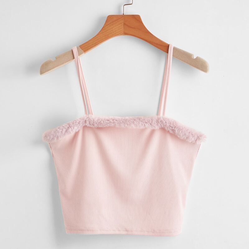

Fluffy Trim Crop Cami Top, Baby pink