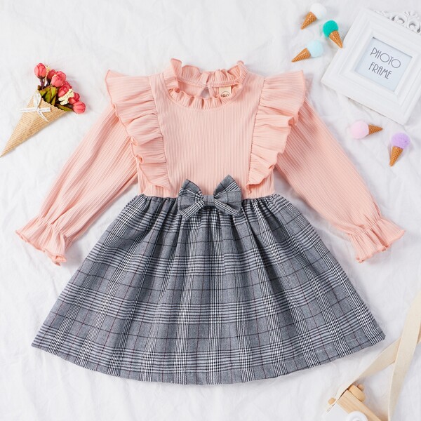 

Toddler Girls Ruffle Trim Bow Plaid Combo Dress, Multicolor