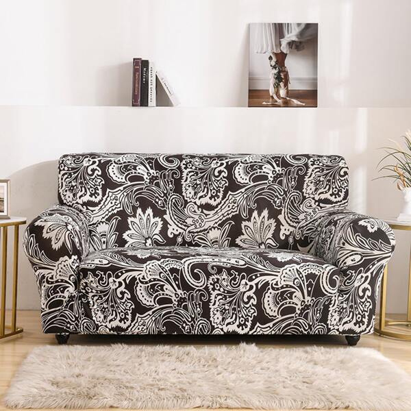 

Vintage Pattern Stretchy Sofa Cover & 1pc Cushion Cover, Black and white