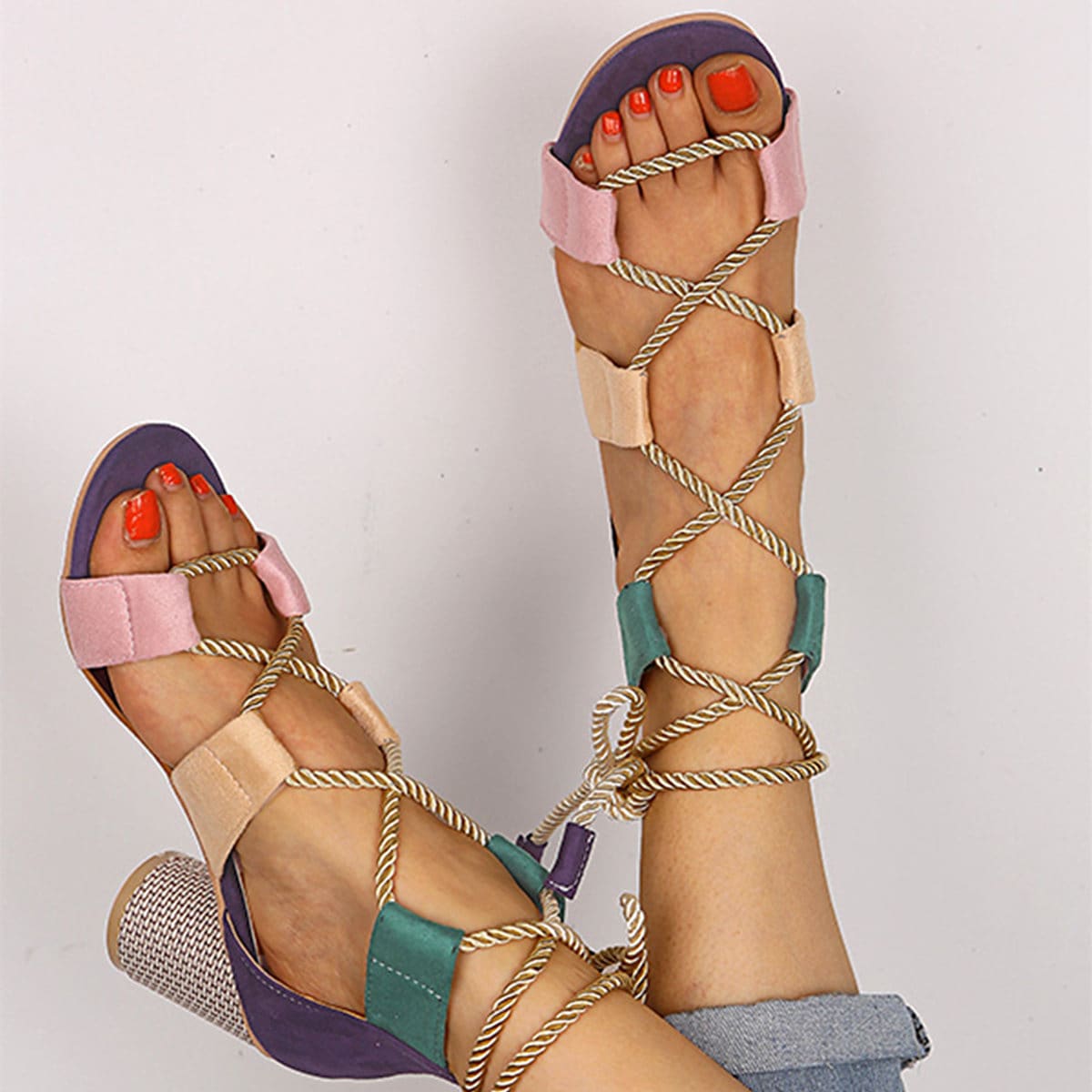 

Colorblock Lace-up Chunky Heeled Sandals, Multicolor