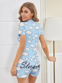 Clouds Print Button Front Pajama Romper - Blue and White - View 2