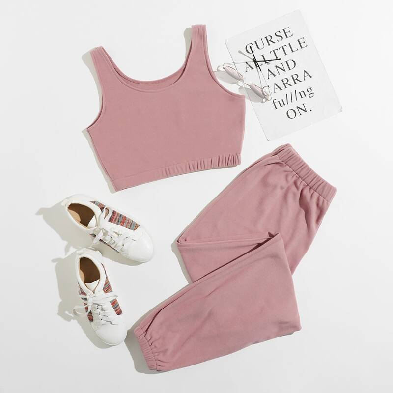 

Solid Tank Top With Pants Lounge Set, Dusty pink