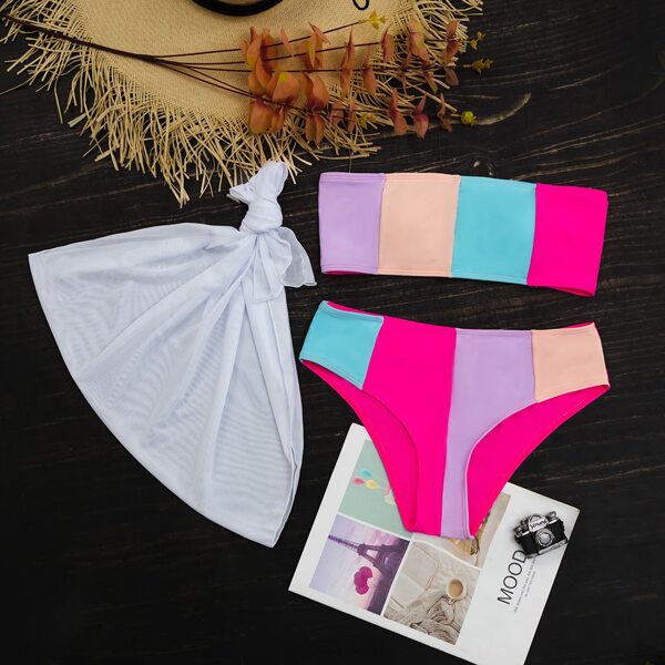 

3pack Colorblock Bandeau Bikini Swimsuit & Cover Up, Multicolor