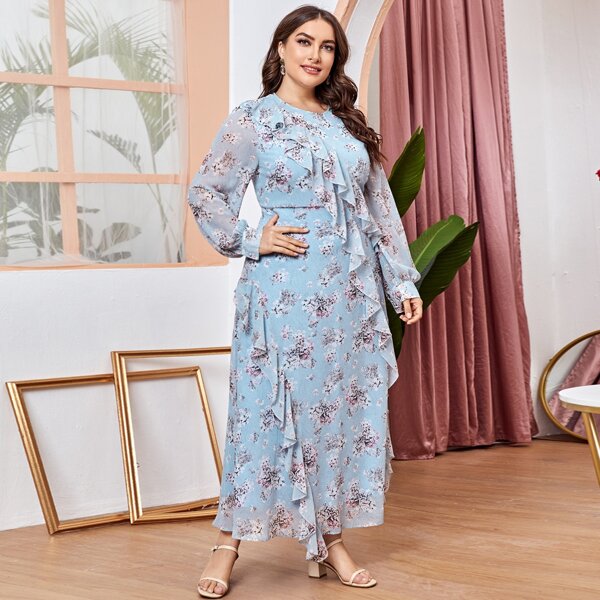 

Plus Ruffle Trim Allover Floral Dress, Baby blue