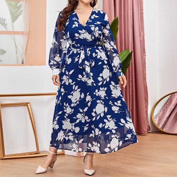 

Plus Surplice Neck Lantern Sleeve Floral Dress, Blue and white