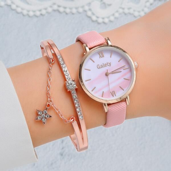 

1pc Round Pointer Quartz Watch & 1pc Bracelet
