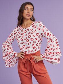 SHEIN Layered Bell Sleeve Lip Print Top - Red and White - View 1