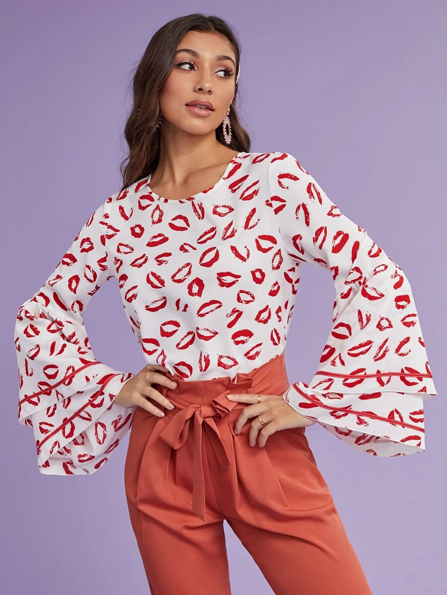 SHEIN Layered Bell Sleeve Lip Print Top - Red and White - View 1