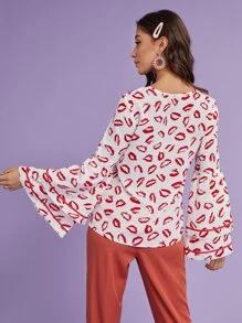 SHEIN Layered Bell Sleeve Lip Print Top - Red and White - View 2