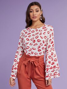 SHEIN Layered Bell Sleeve Lip Print Top - Red and White - View 3
