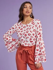 SHEIN Layered Bell Sleeve Lip Print Top - Red and White - View 4