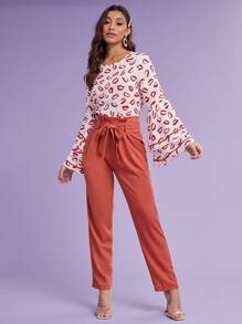 SHEIN Layered Bell Sleeve Lip Print Top - Red and White - View 5