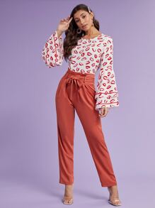 SHEIN Layered Bell Sleeve Lip Print Top - Red and White - View 6