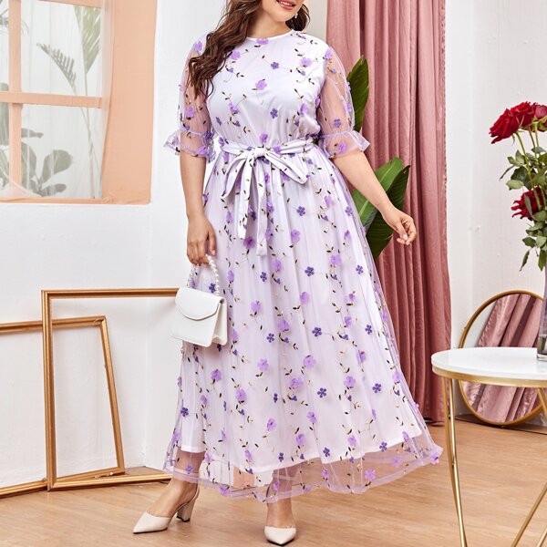 

Plus Ruffle Cuff Floral Embroidered Mesh Overlay Belted Dress, Lilac purple