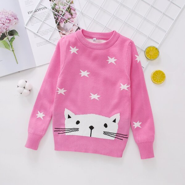 

Toddler Girls Star & Cat Pattern Sweater, Baby pink