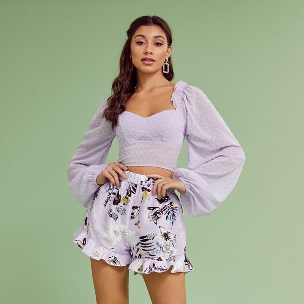 

Frill Trim Shirred Back Swiss Dot Crop Top, Lilac purple