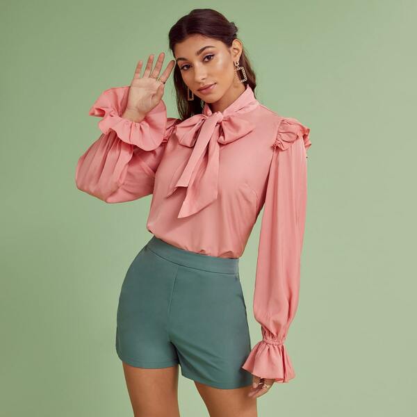 

Tie Neck Ruffle Trim Solid Top, Coral pink