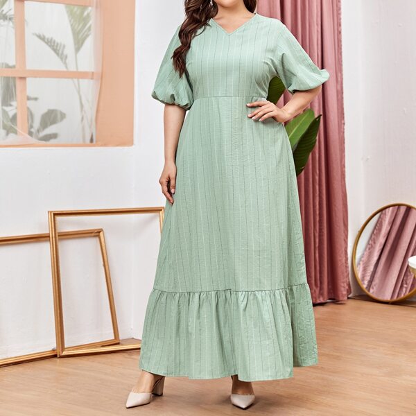 

Plus Lantern Sleeve Ruffle Hem Striped Dress, Mint green