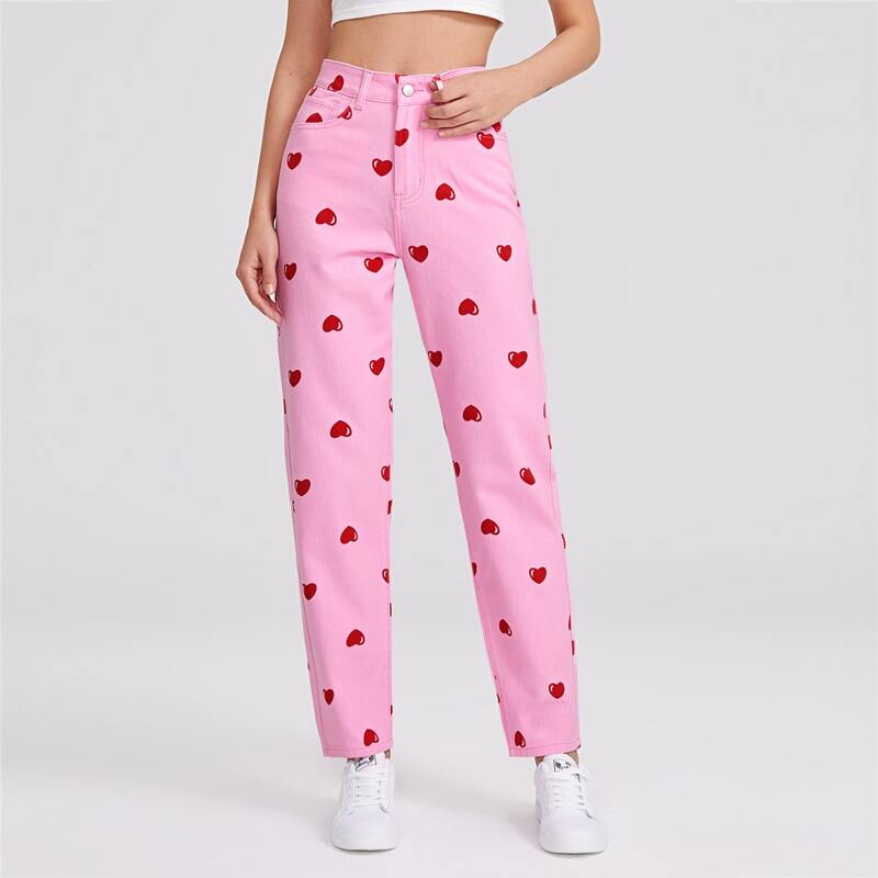 

Slant Pocket Heart Print Jeans, Pink
