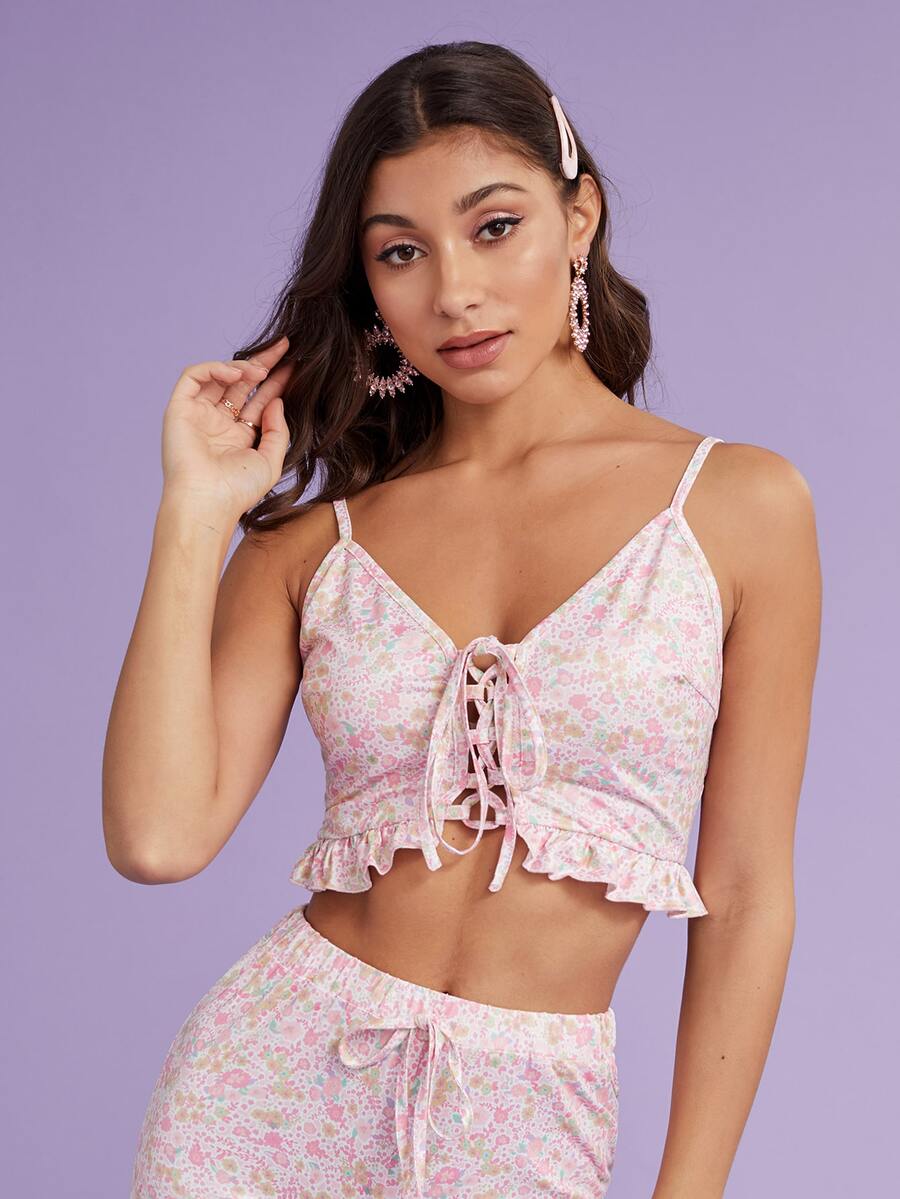 SHEIN Top de tirantes floral pequeño con dobladillo con volantes y cordones - Multicolor - Ver 1