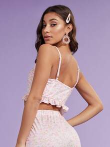 SHEIN Top de tirantes floral pequeño con dobladillo con volantes y cordones - Multicolor - Ver 2