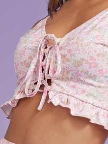 SHEIN Top de tirantes floral pequeño con dobladillo con volantes y cordones - Multicolor - Ver 6