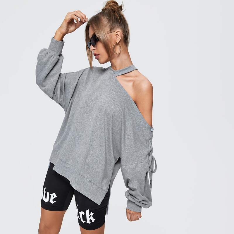 

Asymmetrical Neck Lace-up Oversized Sweatshirt, Grey