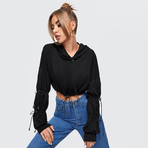 

Drawstring Detail Drop Shoulder Crop Hoodie, Black