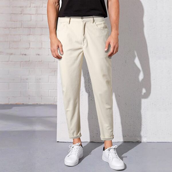 

Men Corduroy Slant Pockets Straight Pants, Beige