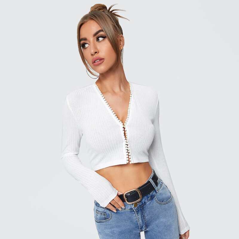 

Pearls Beaded Crop Top, White