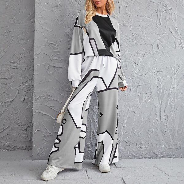 

Random Graphic Oversize Top & Wide Leg Pants Set, Multicolor