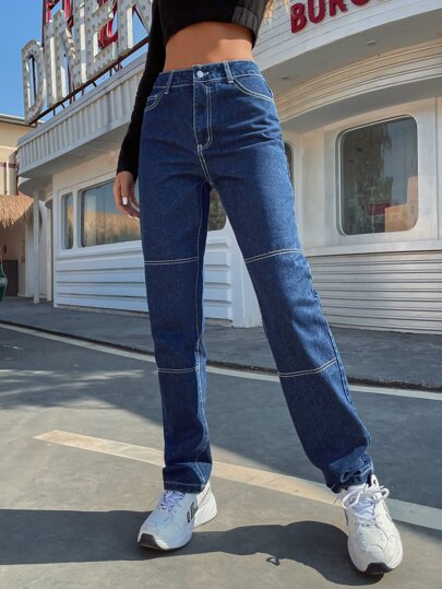 Jeans mit Kontrast-Absteppen und geradem Beinschnitt