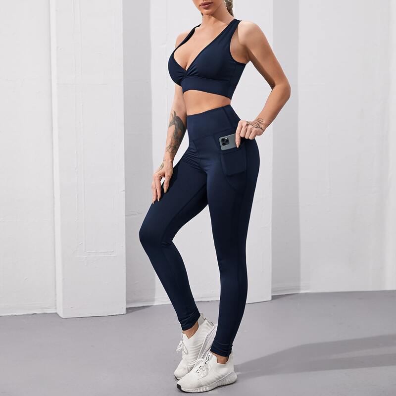 

Criss Cross Back Plunging Sports Bra & Leggings With Phone Pocket, Navy blue