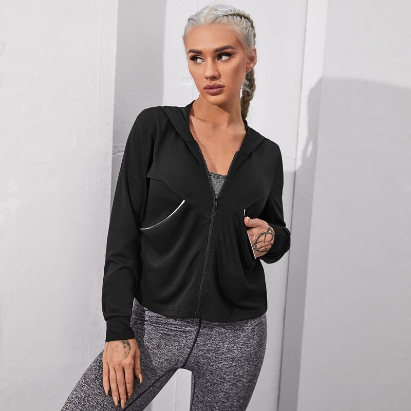

Contrast Piping Zip Up Sports Jacket, Black