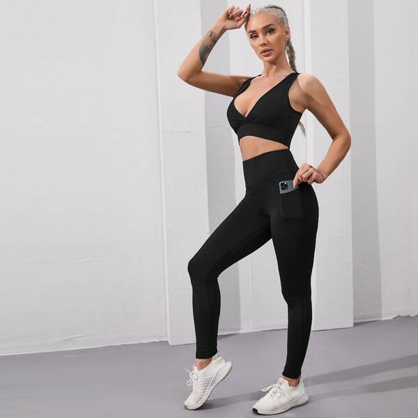 

Criss Cross Back Plunging Sports Bra & Leggings With Phone Pocket, Black