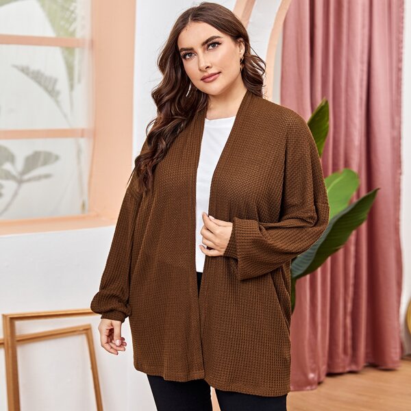 

Plus Drop Shoulder Waffle Knit Coat, Coffee brown