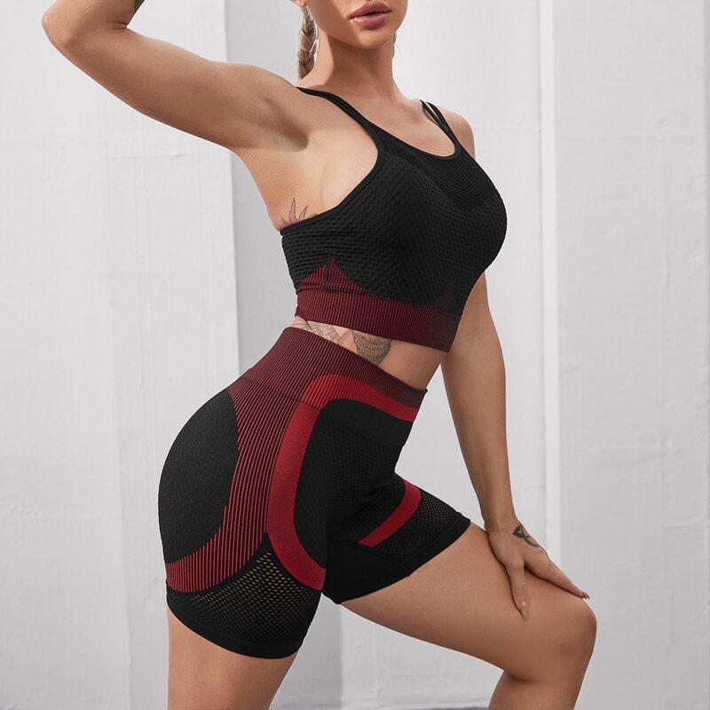 

Seamless Double Straps Colorblock Sports Bra & Biker Shorts, Black