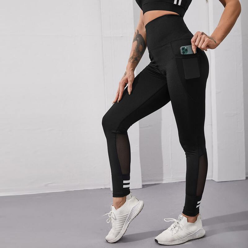 

Mesh Insert Striped Sports Leggings With Phone Pocket, Black