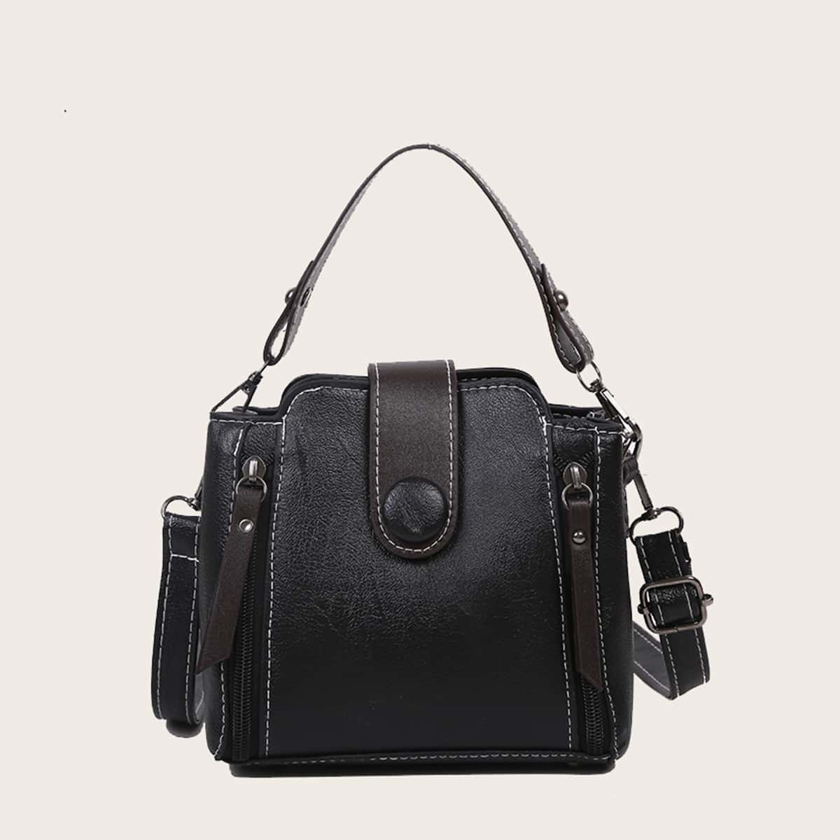 

Solid Side Zip Satchel Bag, Black