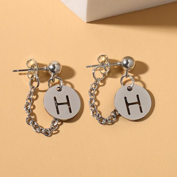 

Letter Design Round Charm Earrings, Silver