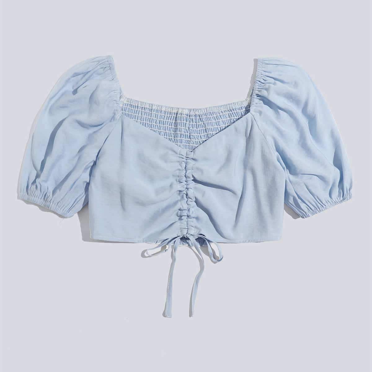 

Solid Drawstring Shirred Crop Top, Baby blue