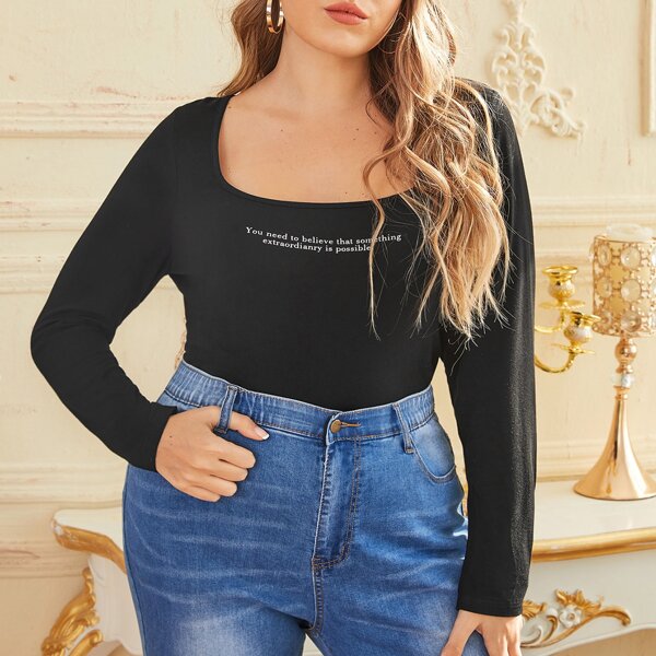 

Plus Scoop Neck Slogan Graphic Tee, Black