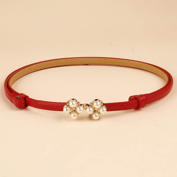 

Faux Pearl Buckle Skinny Belt, Red