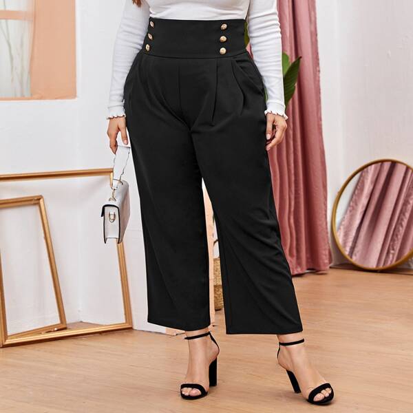 

Plus Double Button Wide Pants, Black