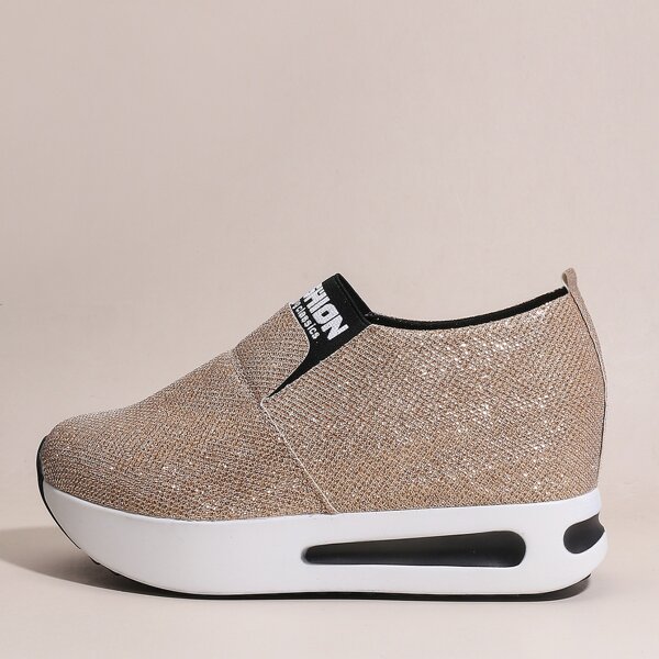 

Letter Patch Glitter Decor Hidden Wedge Sneakers, Gold