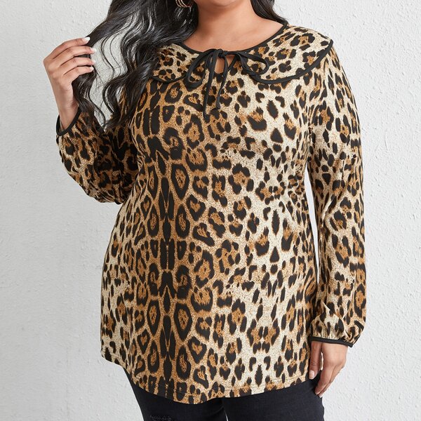 

Plus Leopard Print Tie Neck Longline Tee, Multicolor