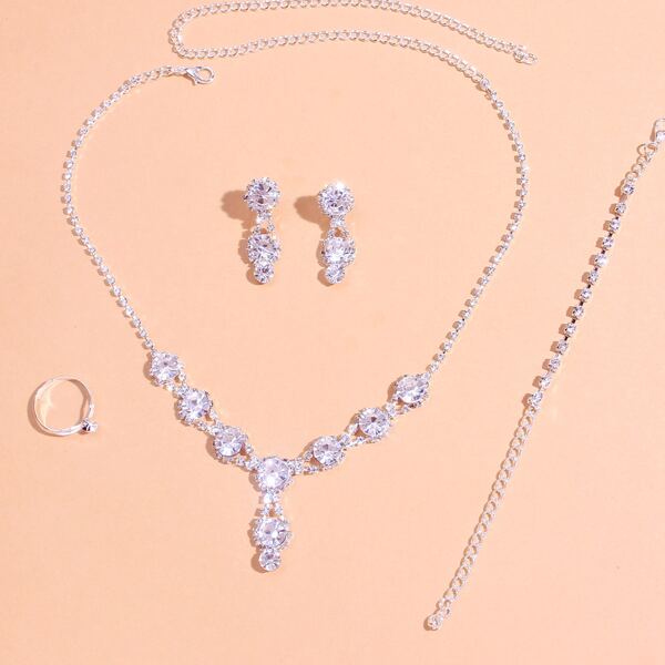 

Rhinestone Decor Necklace & Earrings & Ring & Bracelet, Silver