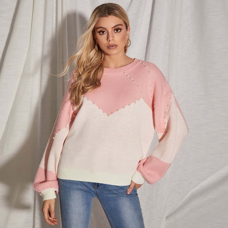 

Pearls Beaded Colorblock Sweater, Multicolor