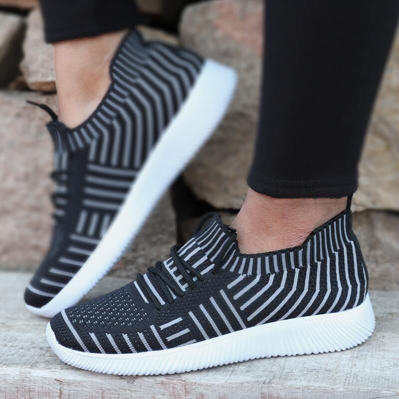 

Lace-up Decor Striped Knit Sneakers, Black
