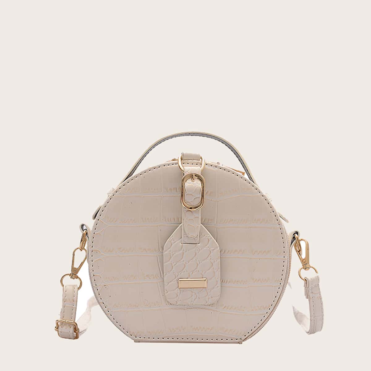 

Croc Embossed Round Satchel Bag, Beige